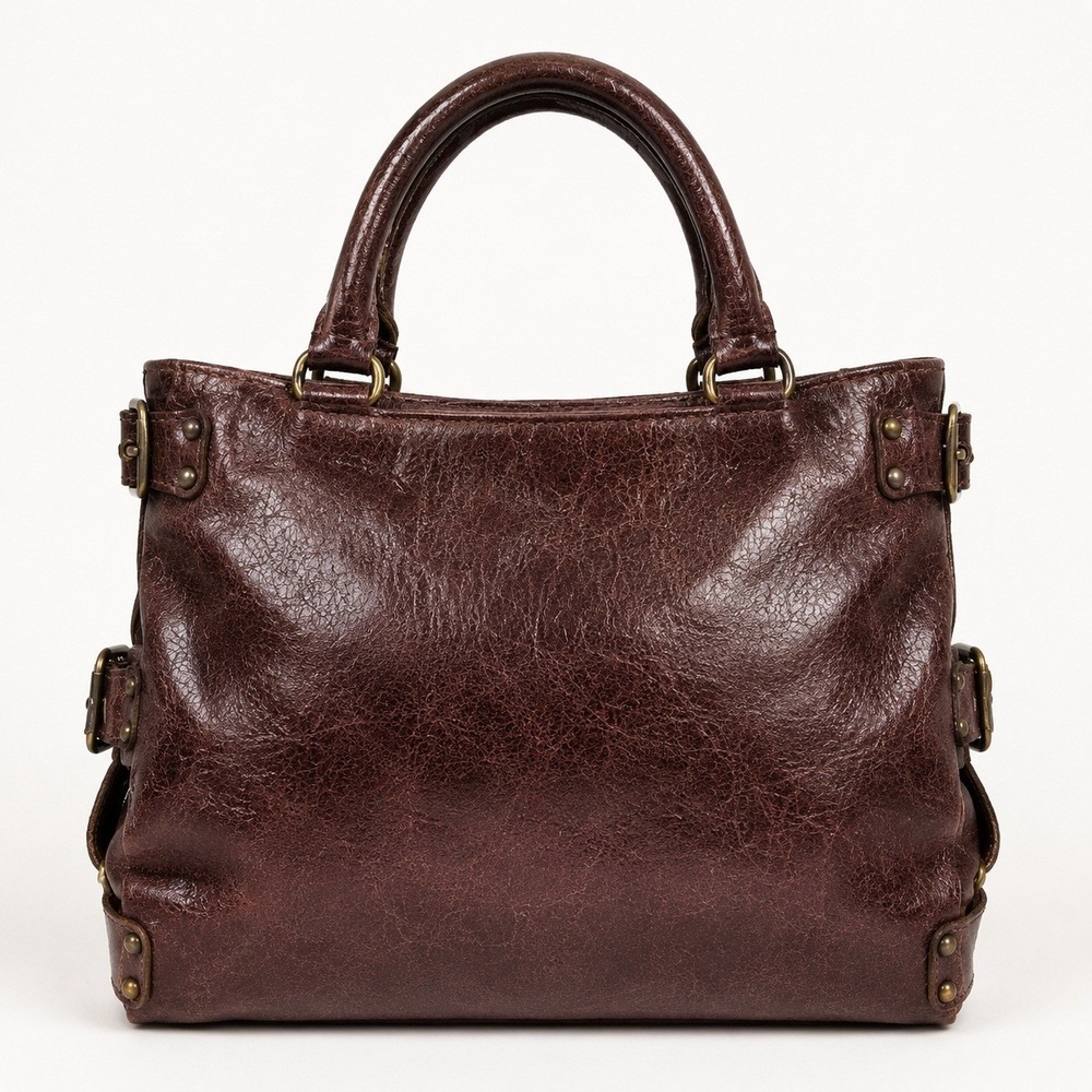 KOOBA Brown Distressed Leather Brass Studded Satchel Bag Boho Statement Edgy